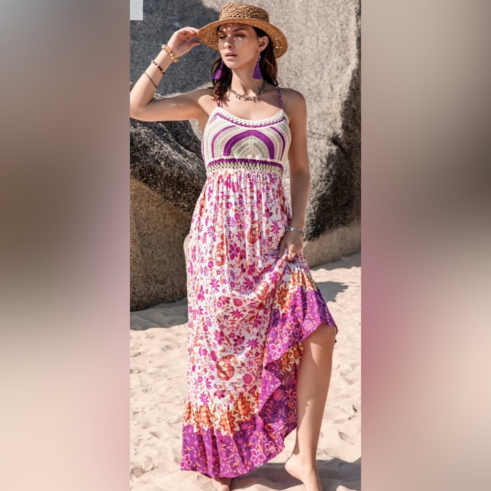 Printed Macrame Scoop Neck Cami Dress, Rusttydustty